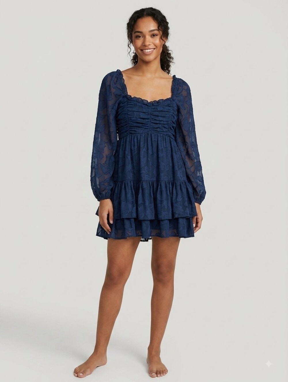 Altar'd State Navy Blue Ruched Bodice Tiered Mini Dress